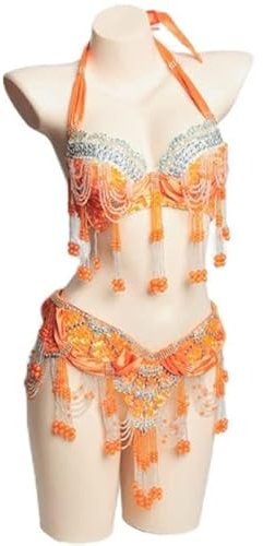JRUIA Belly Rave Party Dance Kostüm Für Damen Professionelle Perlenbesetzte Karneval Tanz Outfits Halloween Clothing Tribal Bauchtanz BH Und Gürtel Performance Set,Orange,S