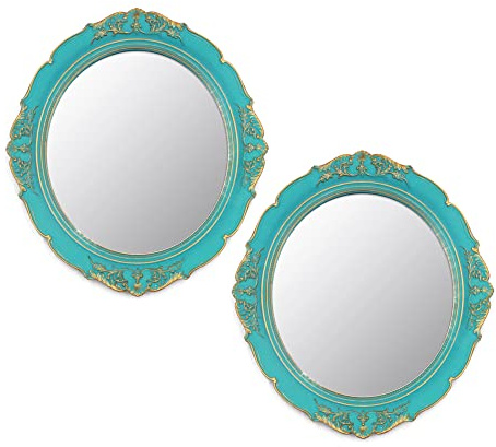 Eaoundm Specchio decorativo da parete, 33,3 x 37,6 cm, vintage, da appendere, per camera da letto, soggiorno, cassettiera, ovale (blu, 2 pezzi)