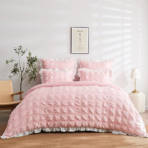 LAWENDA Seersucker Bettwäsche Rosa 155 x 220 cm Romantisch Kariert Seersucker Bettwäsche Set Atmungsaktiv Weich Flauschig Bettbezug Deckebezug mit Weiß Rüschen und Kissenbezüge 80x80cm