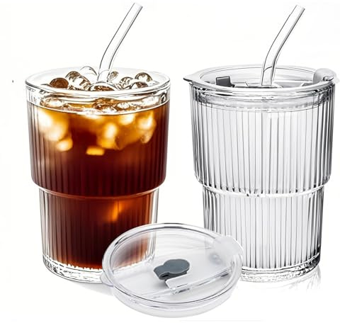 Lioong 2pcs Glass Coffee Cups with Lids and Straws,13Oz Ice Coffee Cup With Lids Matcha Glass Tumbler With Straws,Glasses Go to Cups Traveling Mugs For Cold Drinks Smoothie Juice Drinking (400ml)
