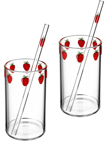 HEMOTON Set 2 Bicchieri Trasparenti Con Fragole Stampate E Cannucce Tazze in Vetro Resistente Per Latte Tè E Succo Ideali Per Casa E Ufficio