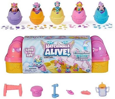 HATCHIMALS Alive, cartón de Huevos Rosa y Amarillo con 6 Minifiguras en Huevos Que se rompen Solos, 11 Accesorios, Juguetes para niños y niñas a Partir de 3 años