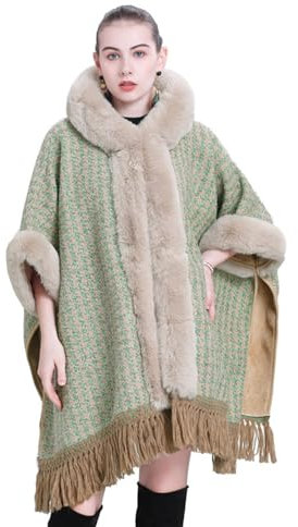 Damen Kapuzenschal Cape Mantel Poncho mit Kunstpelz Wrap Stola Oversize Quaste Strickjacke Mantel für Herbst Winter,Green,One Size