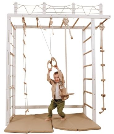 Wood And Hearts Montessori Drinnen Schwedische Leiter für Kinder, Indoor Klettergerüst, Indoor Kletterwand für Kinder, Turngeräte mit Seilzubehör in Weiß und Naturholzfarbe