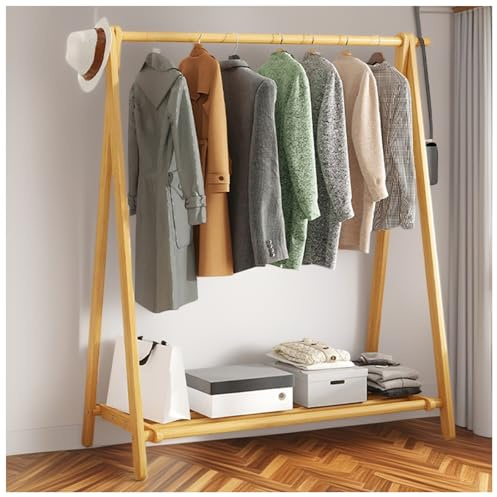 BEARQUN Kleiderständer aus holz, Garderobenständer holz mit Schuhablage und Kleiderstangen, 2 haken, Faltbarer kleiderschrank, 150 cm hoch, vintagebraun/Holzfarbe