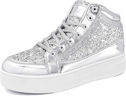 IGxx Womens Platform Glitter Shoes High Top Sparkly Sneakers Shiny Fashion Bling Dressy Sequin Metallic Sneakers Disco Wedding Shoes Silver Women Size 9.5