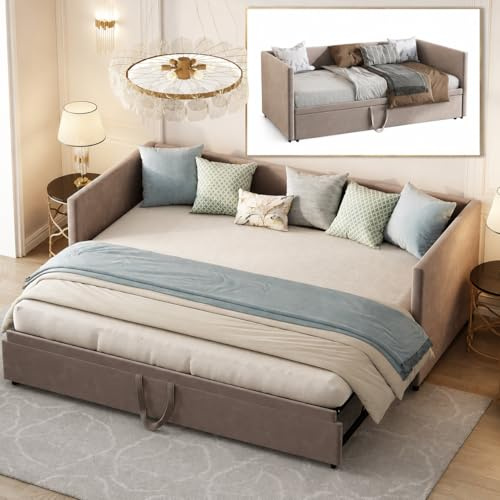 KeepGoon Divano Letto Estensibile 90/180x200 cm, Letto Singolo con Letto Estraibile, Struttura Salvaspazio con Rete a Doghe, Tessuto in Velluto grigio, Senza Materasso