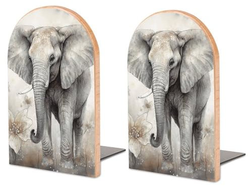 Buchstützen aus Holz, Tiere, niedlicher Elefant, bedruckt, Bücherstützen, dicke Buchstützen und Schreibtischaufbewahrung, Buchstützen, 1 Paar