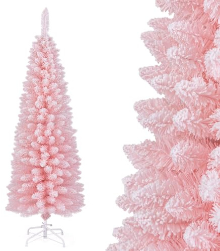 COSTWAY künstlicher Weihnachtsbaum Bleistift, 150 cm Tannenbaum mit Schnee, Christbaum mit 328 Zweigspitzen & klappbarem Metallständer, schlanker Kunstbaum Weihnachten für Zuhause, Büro (Rosa)