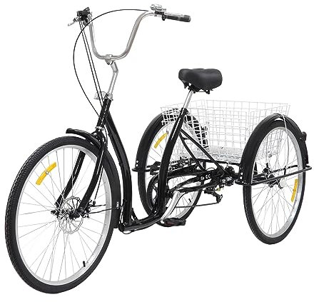 KumuJ 26 Zoll Dreirad für Erwachsene 6 Gänge Cruise Cityräder mit Einkaufskorb bis, Sattel Rückenlehne Tricycle, Erwachsene City Tricycle Fahrrad für Fahrten, Einkaufen (Schwarz)