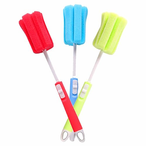 3 Pcs Sponge Bottle Brushes with Adjustable Long Handle, Soft Dishwashing Foam Cleaning Brushes for Cups Mugs Kettles Wine Glasses Washing Up Brush