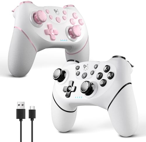 AceGamer 2pcs Wireless Controller für Switch/Switch 2/Lite/OLED, Controller für Switch Pro mit Weckfunktion mit Einer Taste，Switch Pro Controller mit Doppel Vibration/Turbo/Screenshot (Rosa & Weiß)