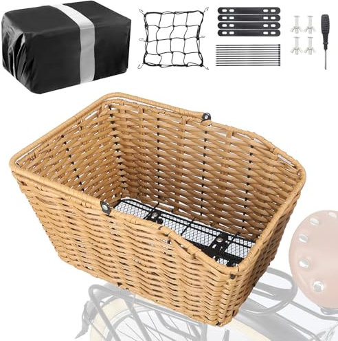 ZUKKA Rear Bike Basket Woven Bike with Waterproof Cover & Cargo Net Tail Basket Large Capacity Bicycle Basket with Installation Tools Fits for Most Rear Bike Racks