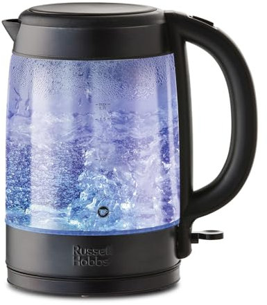 Russell Hobbs Electic Kettle [1.7L] Illuminated Glass Kettle Matte Black (Perfect Pour Spout, Blue Internal Illumination, Removable washable anti-scale filter, 360° Base, 3000W) 27750