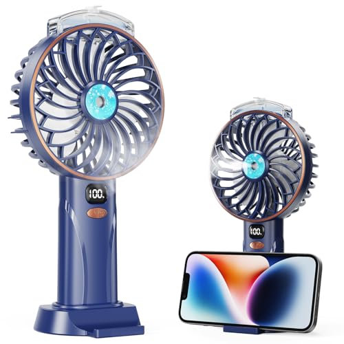 Ventilateur Pulvérisateur à Main, Mini Ventilateurs USB Rechargeables, 5 Vitesses avec Écran LED, Base Détachable, Puissant et Silencieux Fan, Idéal pour Maison, Bureau, Dortoir ou Voyages