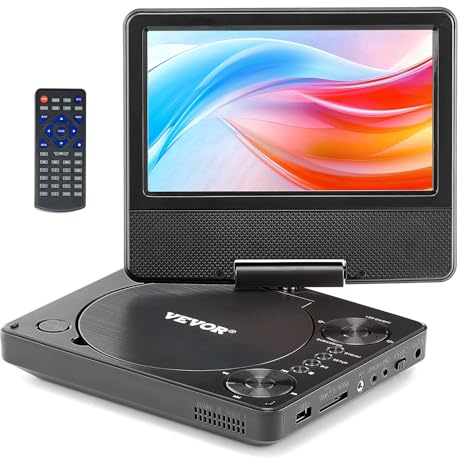 VEVOR tragbarer DVD-Player mit drehbarem HD-Bildschirm (178 mm), eingebauter Akku mit 4 Std. Laufzeit, 2 Lautsprecher, unterstützt Synchronisierung von TV/USB/SD-Karte/CD/DVD, Autoladegerät schwarz