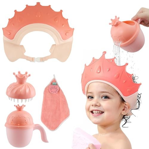 4PCS Kids Shower Cap and Bath Rinse Cup Set, Adjustable Hair Washing Shield for Toddlers and Babies 6 Months to 9 Years, Include Shower Cap, Rinse Cup, Shampoo Brush and Strawberry Towel