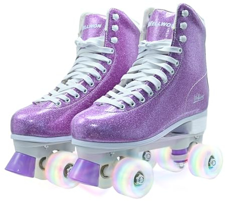 Roller Skate for Women, High-Top PU Leather Quad Skates Size 8 for Beginner, Purple Shiny Double-Row Rollerskates for Girls Ages 8-50 Outdoor and Indoor