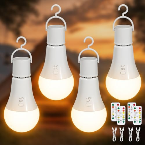 Kimjo 7 W E27 Wiederaufladbare Glühbirne mit Batterie, 3 Farben, 4 Stück | Aufladbare Glühbirne mit Fernbedienung, Camping Lampe, Akku Lampe mit Haken, USB, Dimmbar, Tastensteuerung, Outdoor Notlicht