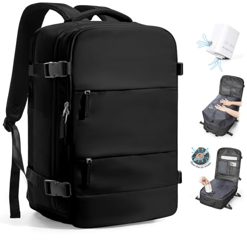 VENATIN zaino da viaggio con sottovuoto,zaino con sottovuoto incorporato con Pompa,Zaino Easyjet 45x36x20 Bagaglio a Mano con Compressione per uomo e donna, Nero