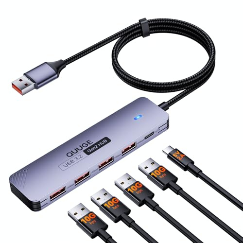 USB 3.2 Hub 10Gbps, QUUGE 4 Port USB Hub (Data Only) with 5V2A Type-C Power, USB 3.2 Splitter Hub 1.2m Braided Cable for Laptop, Desktop, MacBook Air/Pro, PS5 and Surface Pro