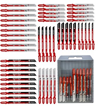 50PCS T-Shank Jigsaw Blades Set - FOCSTOL HSS/HCS Jig Saw Blades for Cutting Metal, Wood and Plastic (T118A,T118B,T127D,T119B,T119BO,T101BR,T144D,T244D)