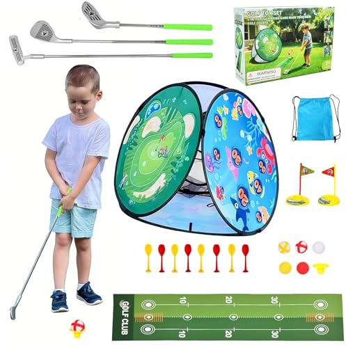 AOSITE Toddler Golf Set, 5 in 1 Kids Golf Set with 3 Golf Clubs, Putting Mat, 4-Sided Chipping Net, Golf Sport for Kid, Indoor Outdoor Kids Sticky Backyard Golf Games Toys Activitie Birthday Gift 3+