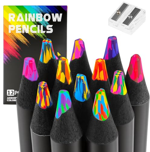 12 Couleurs Crayon de Couleur Arc en Ciel, Crayons de Couleurs, Calendrier de Avent pour filles et garçons, cadeaux d'anniversaire, petits présents pour enfants de 4 à 12 ans, avec 1 taille-crayon, L