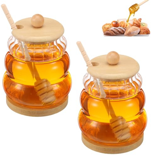 Zhjiutak 2Pcs 450ml Glass Honey Jar with Spoon and Lid, Honey Pot with Dipper, Glass Honeys Dispenser, Jam Container Set,Syrup Dispenser for Chocolate Syrup for Home Kitchen