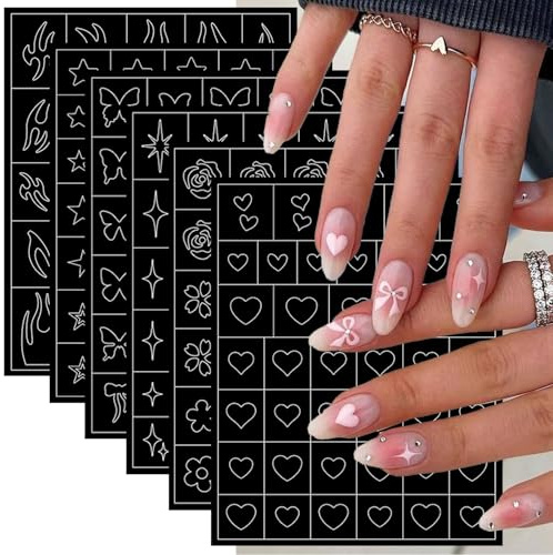 6 Sheets Star Stencils Nail Stickers for Nail Art Heart Nail Decals Flame Butterfly Airbrush Nail Stencils Stickers Bow Flower Design Rose Nail Art Stickers for Women Decor Nail Auxiliary Tools