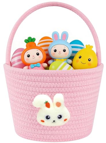 Pink Easter Basket for Kids, Empty Easter Bunny Baskets, Reusable Cotton Rope Basket with Handle, Perfect for Egg Hunt & Gift Decorations
