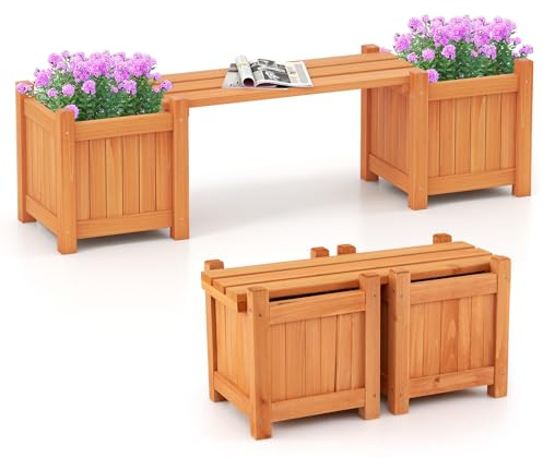 TANGZON Wood Planter Box with Bench, Raised Garden Bed with Seat & Open-ended Base, Outdoor Flower Planter Kit Patio Decor Bench for Garden Yard Balcon (Orange,2 Planter Box, 105 x 26 x 30 cm)
