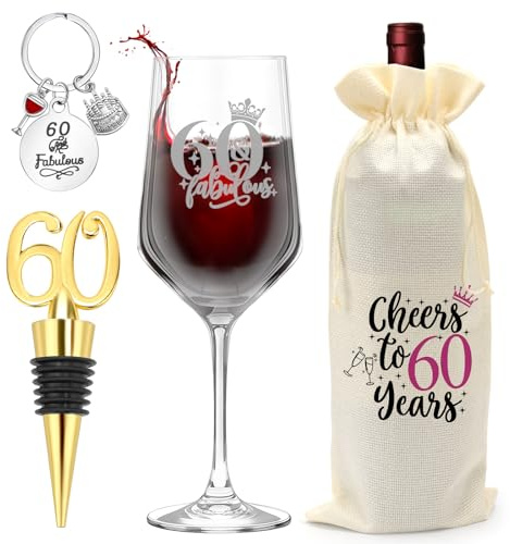 HUNGBAN 60th Birthday Wine Gifts for Women,14oz 60th Goblet Glass and Drawstring Bottle Bag for Wine,Classic 60th Birthday Gift for Party Decoration,Unique Gift for Women Men,Fit for Red,Champagne