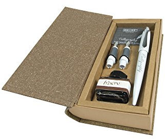 ONLINE Kalligrafie-Füllhalter Air Weiß mit brauner Tinte im Tintenglas und Konverter, Federstärke 1,4 mm und Griffstücke 0,8 mm und 1,8 mm, in Geschenketui