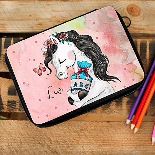 ilka parey wandtattoo-welt Gefüllte Federtasche Schulstart Pony Federmappe individuelles Federmäppchen Pferd mit Schultüte und Name Wunschname fm152