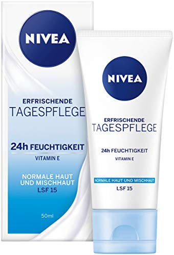 NIVEA Tagespflege 24h Feuchtigkeit + Frische Feuchtigkeitscreme mit LSF 15, Tagescreme für normale & Mischhaut (1 x 50 ml)