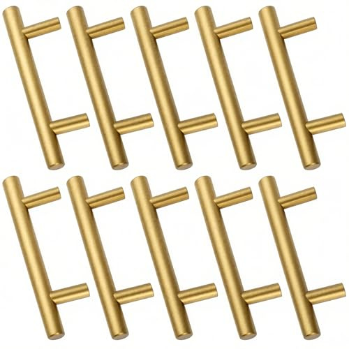 Drenky 10 Stück Schrankgriffe Gold Rostfreier Stahl Türknäufe, Möbelgriffe mit Schraube für Küchenschränke Mit Schrauben Für Schublade,Schrank,Möbel Und Küche, Lochabstand 64 mm