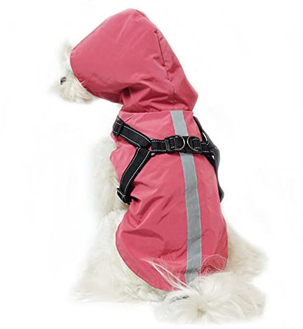 Hunde-Regenmantel mit Geschirr, Kapuze, Regenjacke, wasserdicht, Regenponcho, reflektierend, verstellbar, Mantel für Welpen, kleine, mittelgroße und große Hunde (3XL, Rosa)
