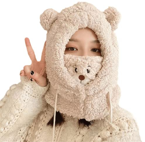 Dam Kawaii söt björn öron mössa mössa halsduk ansiktsskydd 3 i 1 vinter varm sherpa flytande balaclava fleece pom poms fluffig hatt, Khaki, 7-7 1/8
