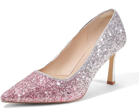 Elisabet Tang Women’s High Heel Closed Toe Pumps Pointed Toe 3.15 inch Heels Shoes Slip On Classic Office Dress Pumps Silver Pink Glitter 7