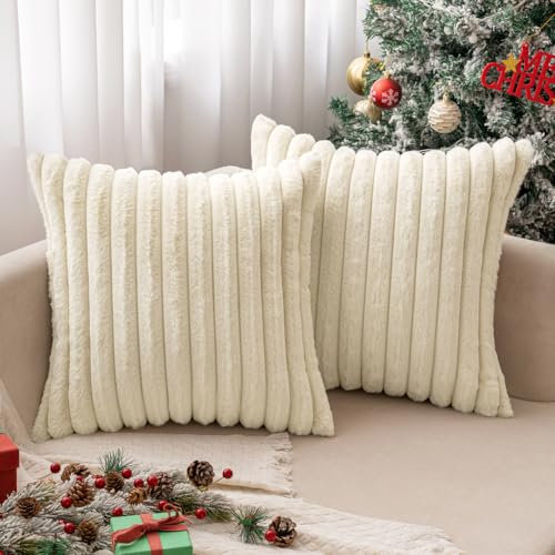 MIULEE Plüsch Kissenbezug 50x50 Weihnachten Deko Flauschige Kissenbezüge Kunstpelz Fell Sofakissen Flauschig Dekokissen Kissenhülle für Wohnzimmer Schlafzimmer Sofa Kuschelkissen Beige 2er Set
