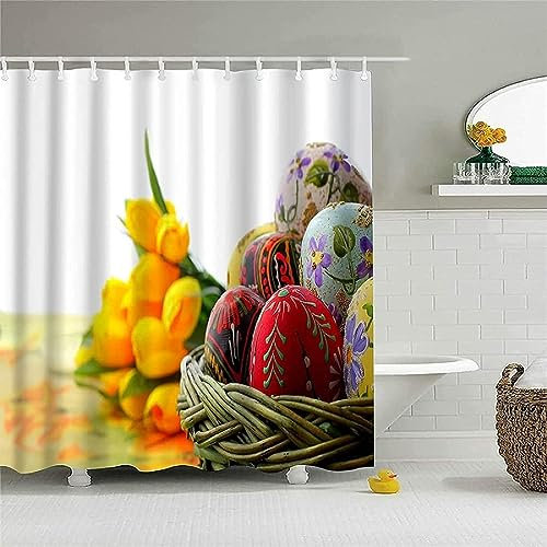 Eggs Extra Long Shower Curtain Mould Resistant Easter Bathroom Curtains Shower 3D Wet Room Shower Curtains 200x240 cm Washable Polyester Fabric Bath Curtain With 12 Hooks