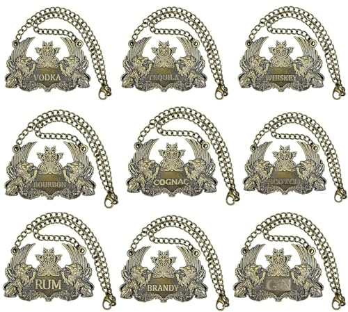 Juego de 9 etiquetas de cobre para decantador de licor para botellas o decantadores, etiqueta de licor de whisky con cadena ajustable, whisky, bourbon, escocés, ginebra, ron, vodka, tequila y brandy