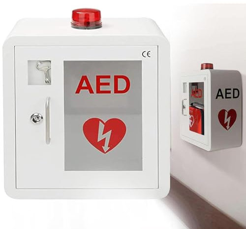 Cambos AED-Schrank, Erste-Hilfe-AED-Defibrillator-Wandschrank mit Schlüssel und Alarm, Design mit Abgerundeten Ecken für Zuhause, Büro, Krankenpflege, Bus