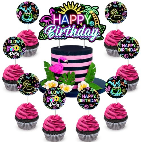 Wonmelody Neon Pool Birthday Party Decorations Happy Birthday Cake Toppers Set Glow In The Dark Pool Party Cake Decorations Swimming Hawaiian Party 1st 2nd 3rd Birthday Coconut Flamingo Table Decor