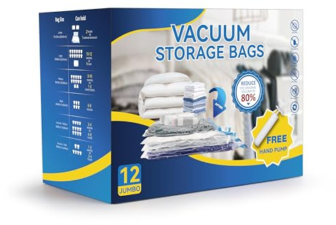 12 Jumbo Compression Storage Bags, Vacuum Storage Bags, Space Saver Bags for Comforters, Blankets, Bedding, Pillows and Clothes Storage, Hand Pump Included