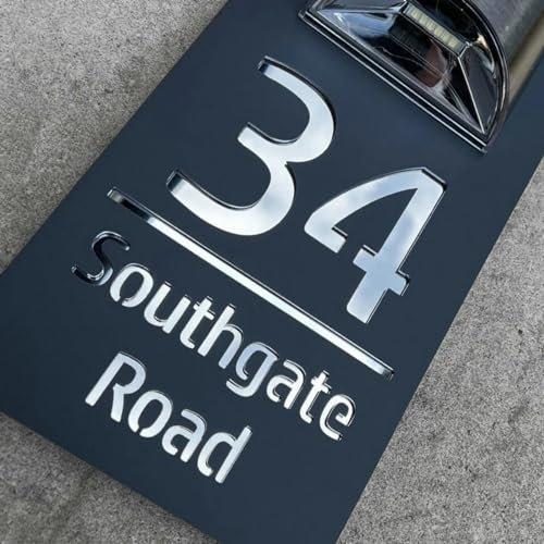 Panneau de porte personnalisé personnalisé avec lumière LED solaire pour adresse résidentielle moderne 3D découpée au laser, plaque d'adresse extérieure (noir et argent)