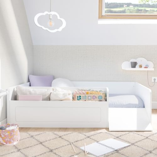 Bainba - Cama Montessori Blanca con Almacenaje y Rampa - 90x190cm