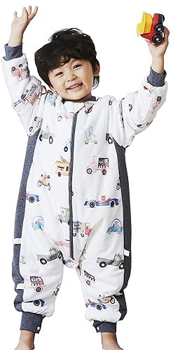 Chilsuessy Baby Winter Schlafsack 2.5 Tog Babyschlafsack mit Füssen Strampler Winterschlafsack mit abnehmbar Ärmel Schlafanzug Kinder Schlafsack, Bunte Autos/2.5 Tog, XXL/Baby Höhe 115-125cm
