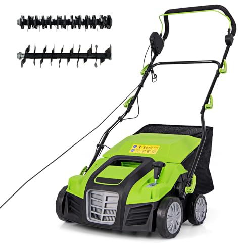 GOPLUS 2 en 1 Déchaumeuse Scarificateur Electrique 2000W, Largeur de Travail 40cm, 3500rpm, 5 Profondeurs Réglables, 3 Hauteurs Poignée, Sac 55L Amovible, Râteau Electrique Pliable Pelouse 800㎡ (Vert)